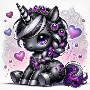 Amethyst Crown Valentines Unicorn Clipart, Conjunto de 10 JPEGs de alta qualidade de 300 DPI, Impressões fofas de unicórnio, Clipart de primavera, Fantasia, Floral
