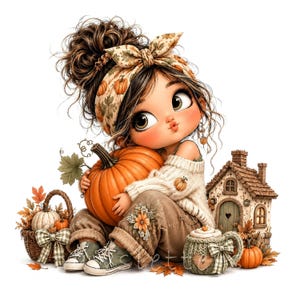 Puede incluir: Una ilustración de dibujos animados de un personaje con un moño desordenado, una diadema con estampado de calabazas, un suéter crema y pantalones marrones. El personaje sostiene una calabaza naranja junto a una cesta, una casita y una taza.
