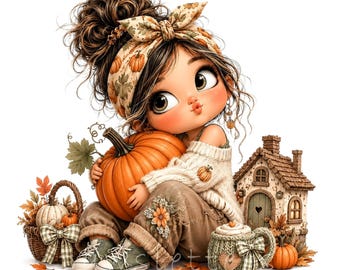 May include: A cartoon illustration of a character with a messy bun wearing a pumpkin-patterned headband, a cream sweater, and brown pants. The character holds a large orange pumpkin next to a wicker basket of pumpkins, a small house, and a mug.
