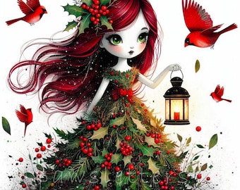 Festive Holly Doll Clip Art 10 High Res Watercolor JPGs for Junk Journaling, Scrapbooking, Card Making, Digital Download, Fantasy, Whimsical