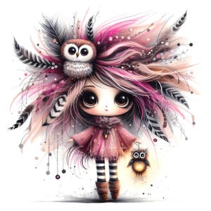 Rosa Eulenbewahrer Clipart, 10 hochwertige 300 DPI JPGs, schrullige Mädchen Clipart, süßes wunderliches Mädchen, druckbare Aquarell Clipart, niedliche Puppen