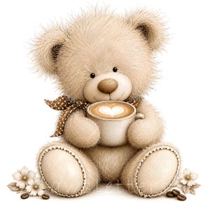 Puede incluir: Un oso de peluche beige y esponjoso sentado, sosteniendo una taza de cerámica llena de café con arte latte en forma de corazón. El oso lleva un pañuelo marrón de lunares. Pequeñas flores blancas y granos de café rodean la base.