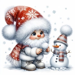 Gnomos de invierno con copos de nieve. 10 imágenes en acuarela de alta resolución en formato JPG para diarios basura, scrapbooking, tarjetas navideñas y manualidades digitales con papel.