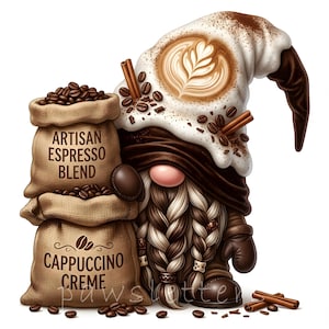 Könnte beinhalten: Eine Illustration eines Zwergs mit Kaffeethema. Der Zwerg trägt einen Hut mit Latte-Art-Dekoration und ist von Kaffeebohnen, Zimtstangen und Jutesäcken mit der Aufschrift "Artisan Espresso Blend" und "Cappuccino Creme" umgeben.