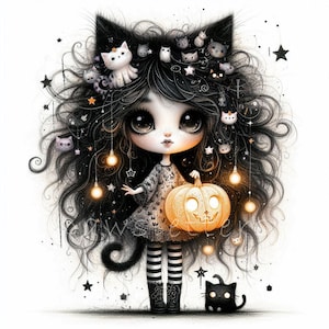 Quirky Girl Halloween Clipart | Set of 10 | High Quality 300 DPI JPEGs | Midnight Cat Enchantress Fantasy Junk Journal, Digital Paper Craft
