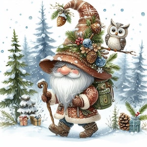 Winter Woods Explorer Gnomes Clipart 10 High Res Watercolor JPGs for Junk Journal, Scrapbook, Christmas Cards, Digital Download, Fantasy