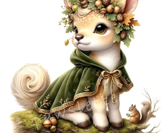 Fawn enhörning Clipart, 10 söta djur JPG, hög kvalitet 300 DPI, akvarelldjur, utskrivbara enhörningsungar söta djur, fantasi, nyckfullt