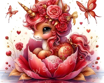 Könnte beinhalten: Ein pinkfarbenes Einhorn mit einem goldenen Horn und einer Krone aus roten Rosen sitzt in einer großen roten Blume. Das Einhorn hat einen roten Schwanz und einen rot-goldenen gemusterten Körper. Die Blume befindet sich auf einem weißen Hintergrund mit roten Herzen und Schmetterlingen.