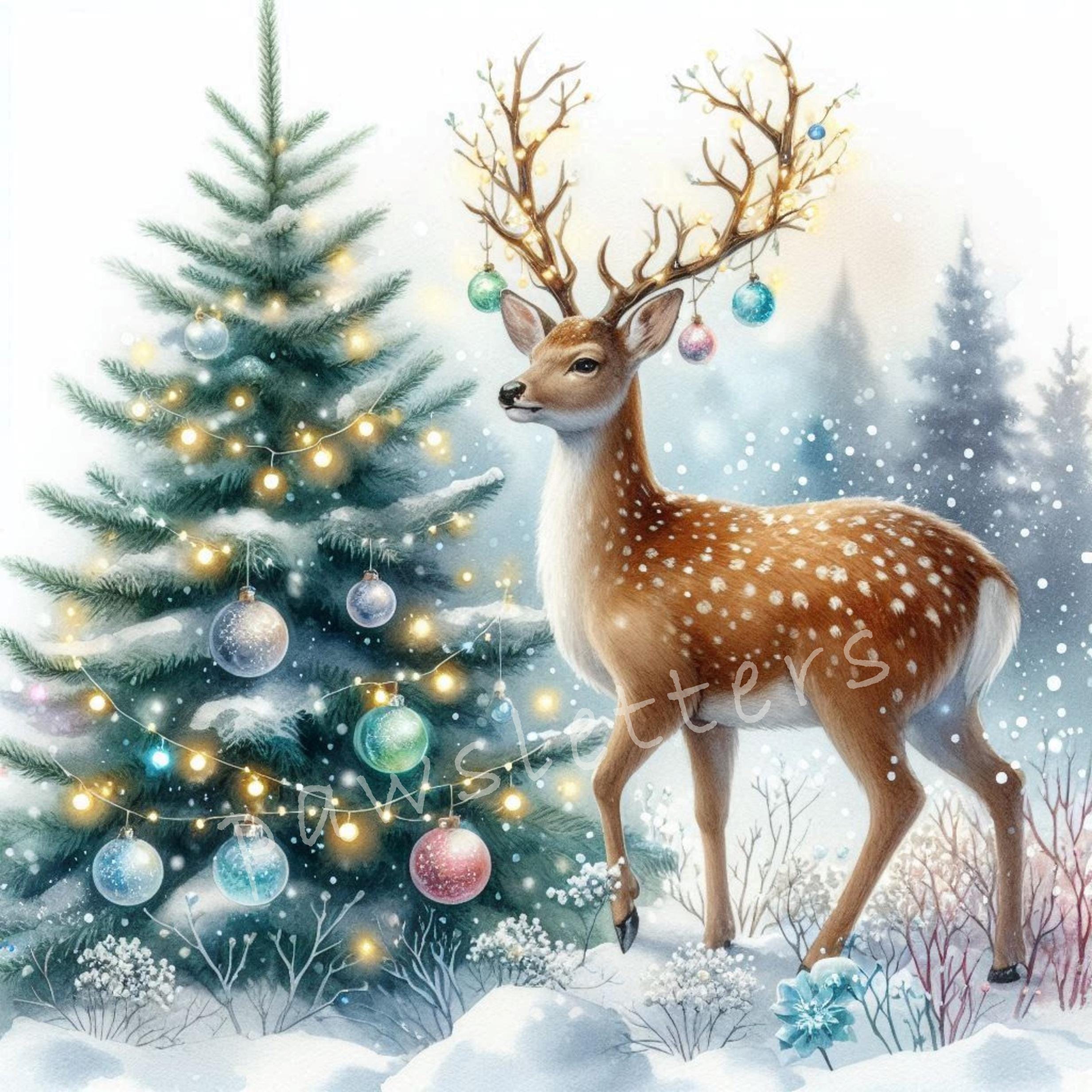 Woodland Christmas Deer Clipart 10 High Res Watercolor Jpgs Winter ...