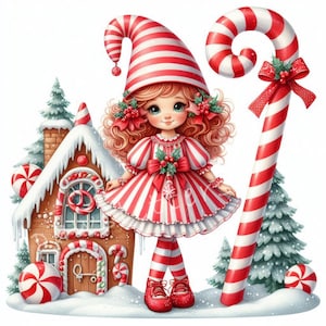 Gnomos con espirales de menta Clipart 10 JPG de acuarela de alta resolución Tarjetas navideñas de gnomos con bastones de caramelo, dulces y golosinas, etiquetas de regalos para las fiestas de invierno