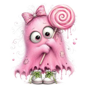 K&ouml;nnte beinhalten: Ein flauschiges, rosa, geister&auml;hnliches Wesen mit gro&szlig;en, ausdrucksstarken Augen, das eine rosa Schleife mit Punkten auf dem Kopf und wei&szlig;e Turnschuhe mit gr&uuml;nen Schn&uuml;rsenkeln tr&auml;gt. Das Wesen h&auml;lt einen gro&szlig;en rosa-wei&szlig;en Lutscher.