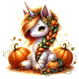 May include: A whimsical illustration of a white unicorn with a rainbow horn, adorned with autumn-themed decorations. The unicorn has orange and green braided hair and is surrounded by orange pumpkins and fall foliage. The overall theme is a fall harvest.