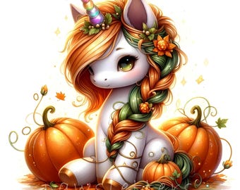 Könnte beinhalten: Eine Illustration eines weißen Einhorns mit einem Regenbogenhorn, geschmückt mit Herbstmotiven. Das Einhorn hat orange und grün geflochtenes Haar und ist von orangefarbenen Kürbissen und Herbstlaub umgeben. Das Thema ist Ernte.
