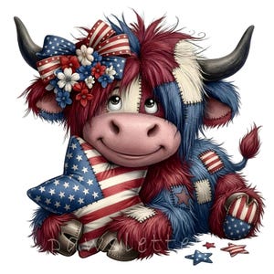 May include: A whimsical illustration of a Highland cow in patriotic colors. The cow has red, white, and blue fur, a star-shaped pillow with an American flag design, and a bow with flowers. The cow is smiling and has small bells on its hooves.