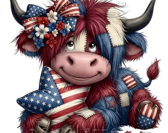 15 USA Patriotic Highland Cow Clipart: Whimsical Patchwork 4th of July Hairy Coo Graphics USA Freedom Colorful Farm Life Designs Bundle