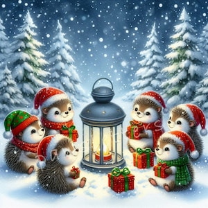 Christmas Hedgehog Gathering Clipart 10 High Res Watercolor JPGs Christmas Animals, Christmas Cards, Festive Gifts Tags, Crafts Printables