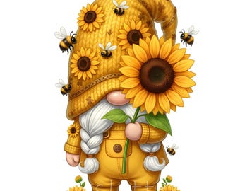 May include: A whimsical illustration of a garden gnome in yellow overalls and a matching hat adorned with sunflowers. The gnome holds a large sunflower and is surrounded by buzzing bees. The overall theme is a cheerful, summery garden.