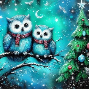 Winter Owls in a Starry Night Clipart, 10 High Res Watercolor JPGs, Christmas Cards, Journal Paper Craft, Scrapbook Card DIY, Holiday Prints
