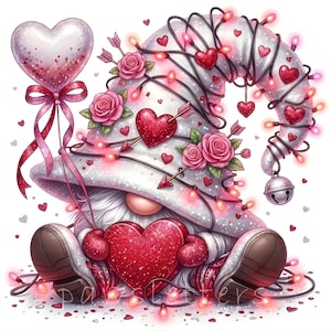 May include: A Valentine's Day gnome illustration. The gnome wears a white hat adorned with red hearts, roses, and fairy lights. It holds a heart-shaped balloon and a large heart. The gnome's outfit is red and white.