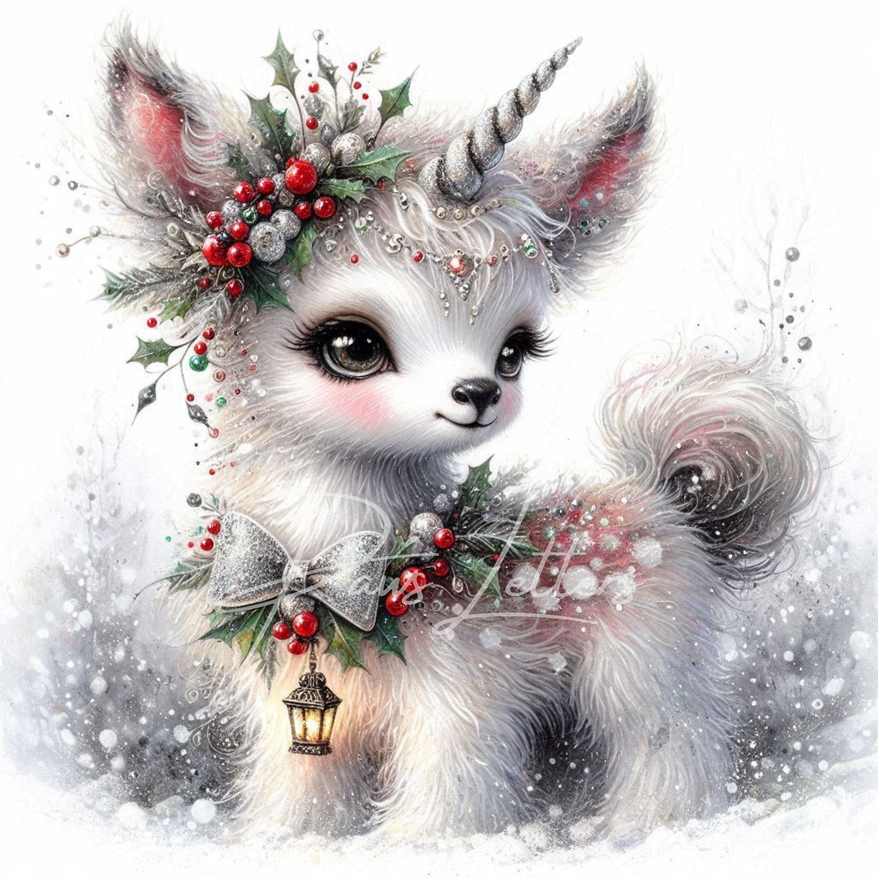 Christmas Fawn Unicorn Clip Art 10 High Res Watercolor Jpgs Winter ...