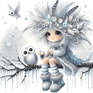 Snowy Owl Keeper Clipart, Whimsical Home Decor, Gift For Her, Kitchen, Bedroom, Bathroom, Living Room, Entry way, House Warming, Commercial Use Whimsical Ephemera, Fantasy Junk Journal, Cute Dolls Paper Craft, Snow owl art print, art poster, bedroom wall art, for her, gallery wall art, gift idea, home wall decor, illustration print, kitchen art print, living room decor, owl illustration, quirky girl clipart, junk journal cute girl clipart, cozy winter clipart, winter wonderland, snow winter png