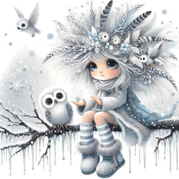 Snowy Owl Keeper Clipart, 10 High Quality 300 DPI JPGs, Cozy Winter Christmas Dolls Printable Art, Winter Holidays, Digital Paper Craft