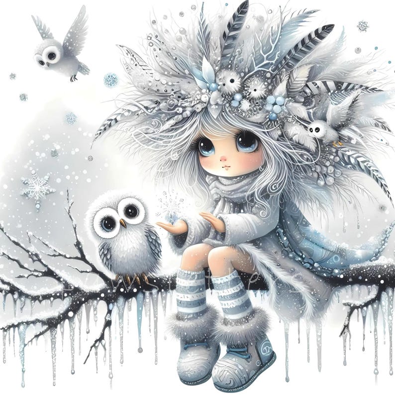 Snowy Owl Keeper Clipart, Whimsical Home Decor, Gift For Her, Kitchen, Bedroom, Bathroom, Living Room, Entry way, House Warming, Commercial Use Whimsical Ephemera, Fantasy Junk Journal, Cute Dolls Paper Craft, Snow owl art print, art poster, bedroom wall art, for her, gallery wall art, gift idea, home wall decor, illustration print, kitchen art print, living room decor, owl illustration, quirky girl clipart, junk journal cute girl clipart, cozy winter clipart, winter wonderland, snow winter png