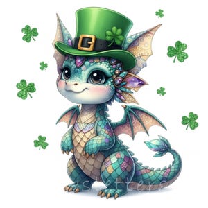 May include: A charming illustration of a teal dragon wearing a green leprechaun's hat with a shamrock. The dragon has large eyes, iridescent wings, and a patterned body. Green shamrocks are scattered around the dragon on a white background.