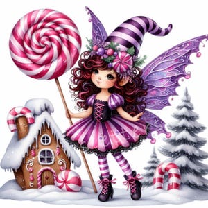 Gnomos de hadas con remolinos de menta, 10 imágenes prediseñadas en acuarela de alta resolución, tarjetas navideñas con gnomos de bastón de caramelo, dulces y golosinas, impresiones de vacaciones de invierno