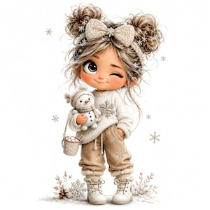 Op de afbeelding: Een stripfiguur met blond haar in twee knotjes, gekleed in een crèmekleurige trui met sneeuwvlokpatroon, beige joggingbroek en witte laarzen. Het figuurtje houdt een kleine sneeuwpop en een mok met marshmallows vast, omringd door sneeuwvlokken.