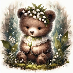 Lily of the Valley Bear Cub | Set of 10 | High Quality 300 DPI JPEGs | Spring Animals, Spring Florals, Hello Spring Clipart, Cards Clipart