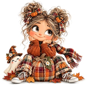 Könnte beinhalten: Eine Cartoon-Illustration einer Figur mit braunem Haar in zwei Dutts, die einen karierten Schal und Pullover trägt und auf einem großen karierten Kürbis sitzt. Die Figur trägt eine karierte Hose und braune Turnschuhe sowie einen kleinen Geist mit Hut.
