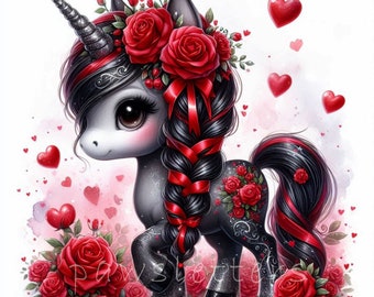 May include: A black unicorn with a red and black braided mane and tail. The unicorn is adorned with red roses and a red ribbon. The background is a soft pink with scattered red hearts.