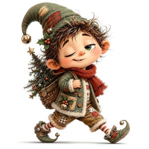 Puede incluir: Un personaje elfo guiñando un ojo, con un gorro de retazos verde con un cascabel, una bufanda roja y una chaqueta verde con ribete blanco. El elfo lleva un pequeño árbol de Navidad decorado en una cesta tejida sobre su espalda.