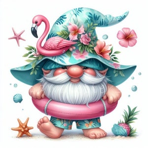 Summer Beach Gnome Clipart | Set of 10 | High Quality 300 DPI JPEGs | Summer Party Printables, Beach Day Gnome Art Tropical Vacation Gnome