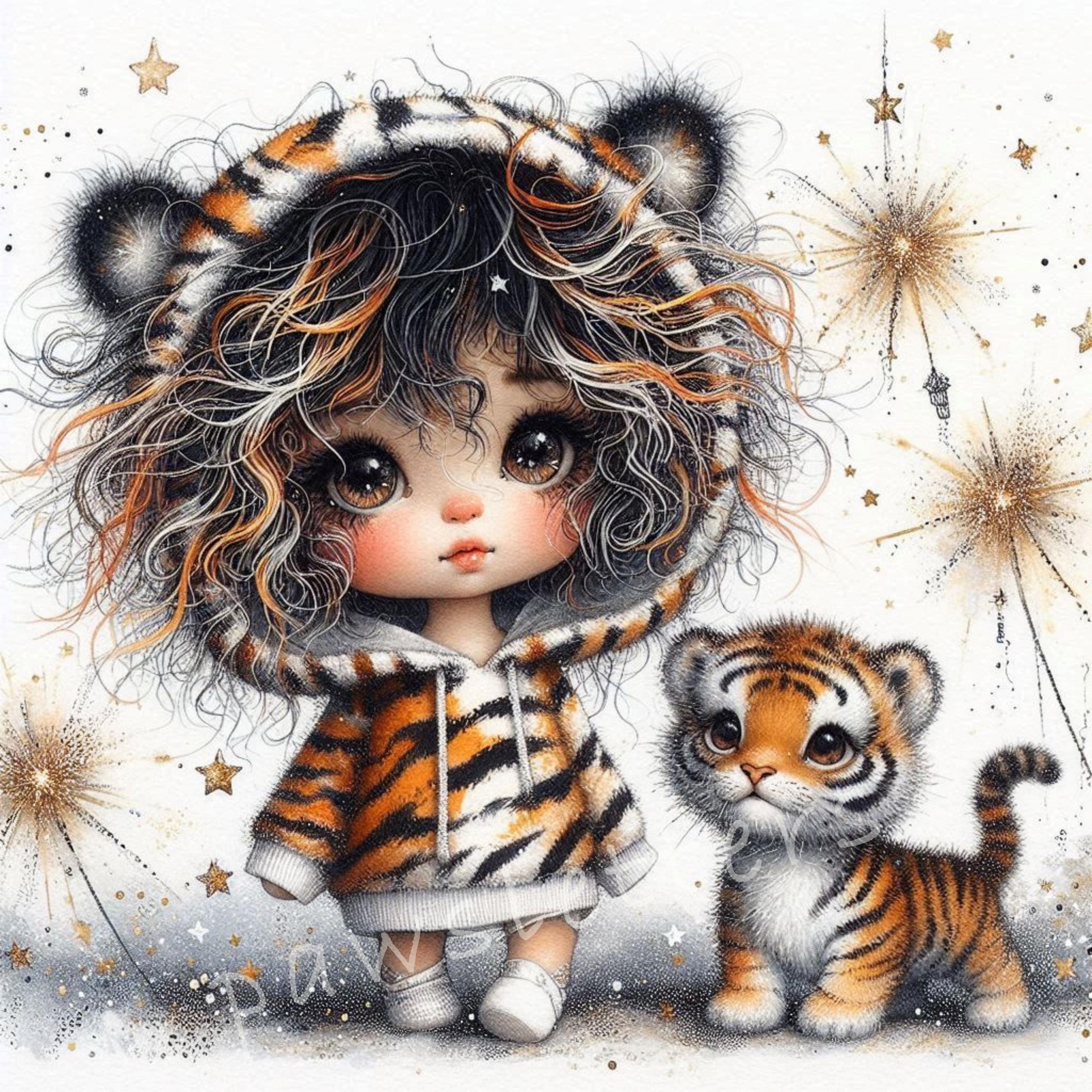 Quirky Girl with Tiger Clipart, Commercial Use, Whimsical Ephemera, Watercolor JPGs, Instant Download, Fantasy Junk Journal, Paper Craft