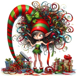 May include: A festive illustration of an elf wearing a red and green hat and dress, with long, curly hair made of colourful ribbons. The elf is surrounded by wrapped gifts and a candy cane.