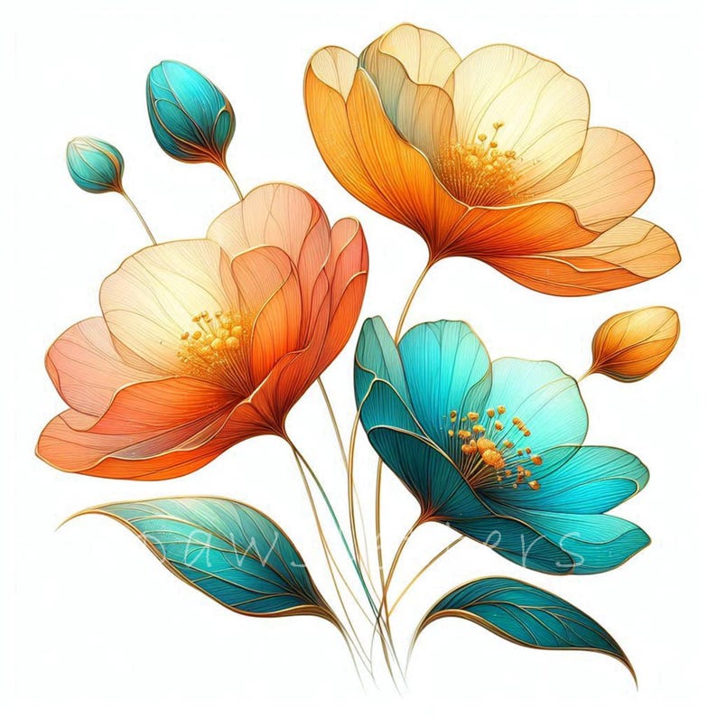 Tropical Vibes Abstract Flowers Clipart | Dried Flowers Printables, Instant Download, Junk Journals, Florals Clipart Pack | Flowers Wall Art Boho Style Printables | Digital Crafting Journal Inserts Summer Vibes png Commercial Use Trendy Floral Design