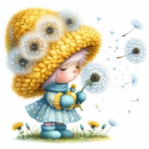 Löwenzahn Wunsch Clipart | 10er Set | Hohe Qualität 300 DPI JPEGs | Aquarell Frühlings-Wichtel für Scrapbook, Journal, Unique Paper Crafts