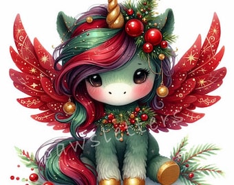 Peut inclure: Une licorne de Noël verte et rouge avec une corne dorée et des ailes rouges. La licorne porte une couronne de houx et de baies.