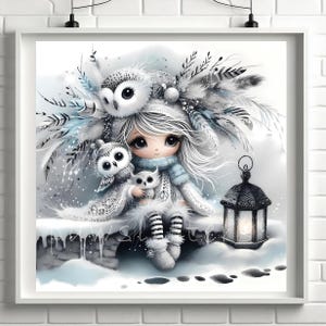 Snowy Owl Keeper Clipart, Whimsical Home Decor, Gift For Her, Kitchen, Bedroom, Bathroom, Living Room, Entry way, House Warming, Commercial Use Whimsical Ephemera, Fantasy Junk Journal, Cute Dolls Paper Craft, Snow owl art print, art poster, bedroom wall art, for her, gallery wall art, gift idea, home wall decor, illustration print, kitchen art print, living room decor, owl illustration, quirky girl clipart, junk journal cute girl clipart, cozy winter clipart, winter wonderland, snow winter png