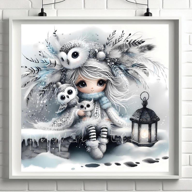 Snowy Owl Keeper Clipart, Whimsical Home Decor, Gift For Her, Kitchen, Bedroom, Bathroom, Living Room, Entry way, House Warming, Commercial Use Whimsical Ephemera, Fantasy Junk Journal, Cute Dolls Paper Craft, Snow owl art print, art poster, bedroom wall art, for her, gallery wall art, gift idea, home wall decor, illustration print, kitchen art print, living room decor, owl illustration, quirky girl clipart, junk journal cute girl clipart, cozy winter clipart, winter wonderland, snow winter png