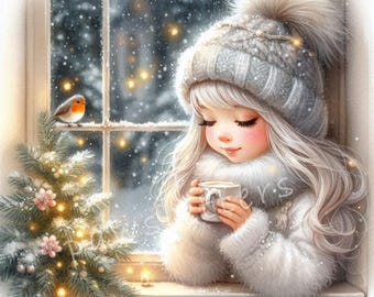 Frosty Window Watcher Gnomes Clipart 10 High Res Watercolor JPGs Winter Gnome Christmas Cards, Digital Download, Winter holiday gifts tags