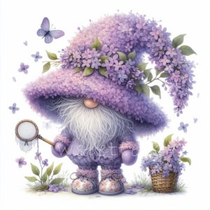 Gnomo de flores lilas, paquete de 10, imágenes JPEG de alta calidad de 300 DPI, gnomos de primavera en acuarela para álbumes de recortes, diarios y manualidades de papel únicas