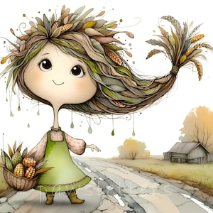 Cornucopia Clipart | 10 Quirky Thanksgiving Girls JPGs | Autumn Harvest Digital Art | Commercial Use Printables Fall Bounty Courier Decor