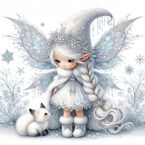 Clipart di gnomi fata fiocco di neve di cristallo 10 JPG ad acquerello ad alta risoluzione Gnomo invernale, biglietti di Natale con gnomo fiocco di neve, etichette per regali per le vacanze invernali