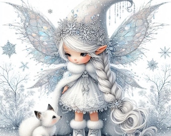 Crystal Snowflake Fairy Gnomes Clipart 10 High Res Watercolor JPGs Winter Gnome, Snowflake Gnome Christmas Cards, Winter holidays gifts tags