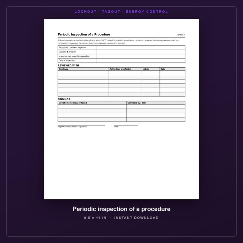 Lockout Tagout Log Printable, LOTO Procedure Form, Energy Control ...