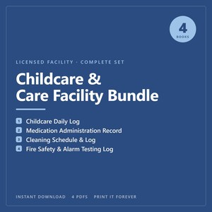 Puede incluir: Un conjunto de documentos digitales azul titulado Childcare & Care Facility Bundle. Incluye cuatro libros: Childcare Daily Log, Medication Administration Record, Cleaning Schedule & Log y Fire Safety & Alarm Testing Log. 4 PDF.