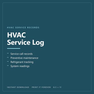Könnte beinhalten: Ein dunkelblaugrünes HVAC-Serviceprotokoll-Dokument mit weißem Text, der HVAC SERVICE RECORDS, HVAC Service Log, Service call records, Preventive maintenance, Refrigerant tracking, System readings, INSTANT DOWNLOAD, PRINT IT FOREVER, 21,59 x 27,94 cm liest.